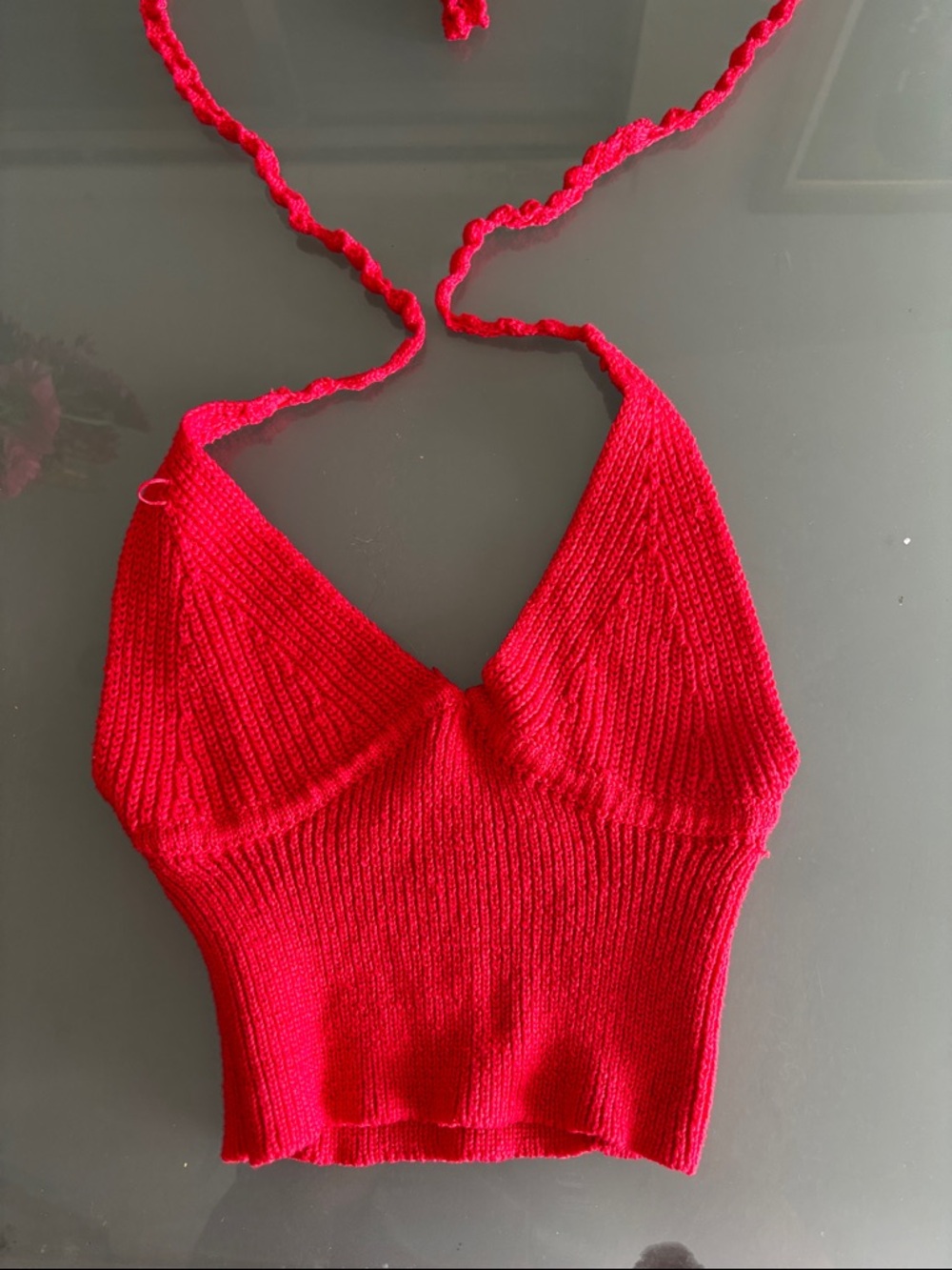 Red Knit Halter Crop Top